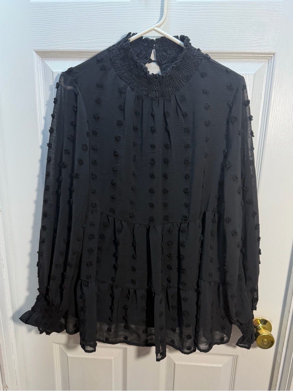 JODIFL Black Swiss Dot Ruffled High-Neck Blouse